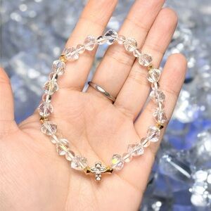 Clear Glass Bead Bracelet | 14k Gold Plated Cross | Stretch Bracelet